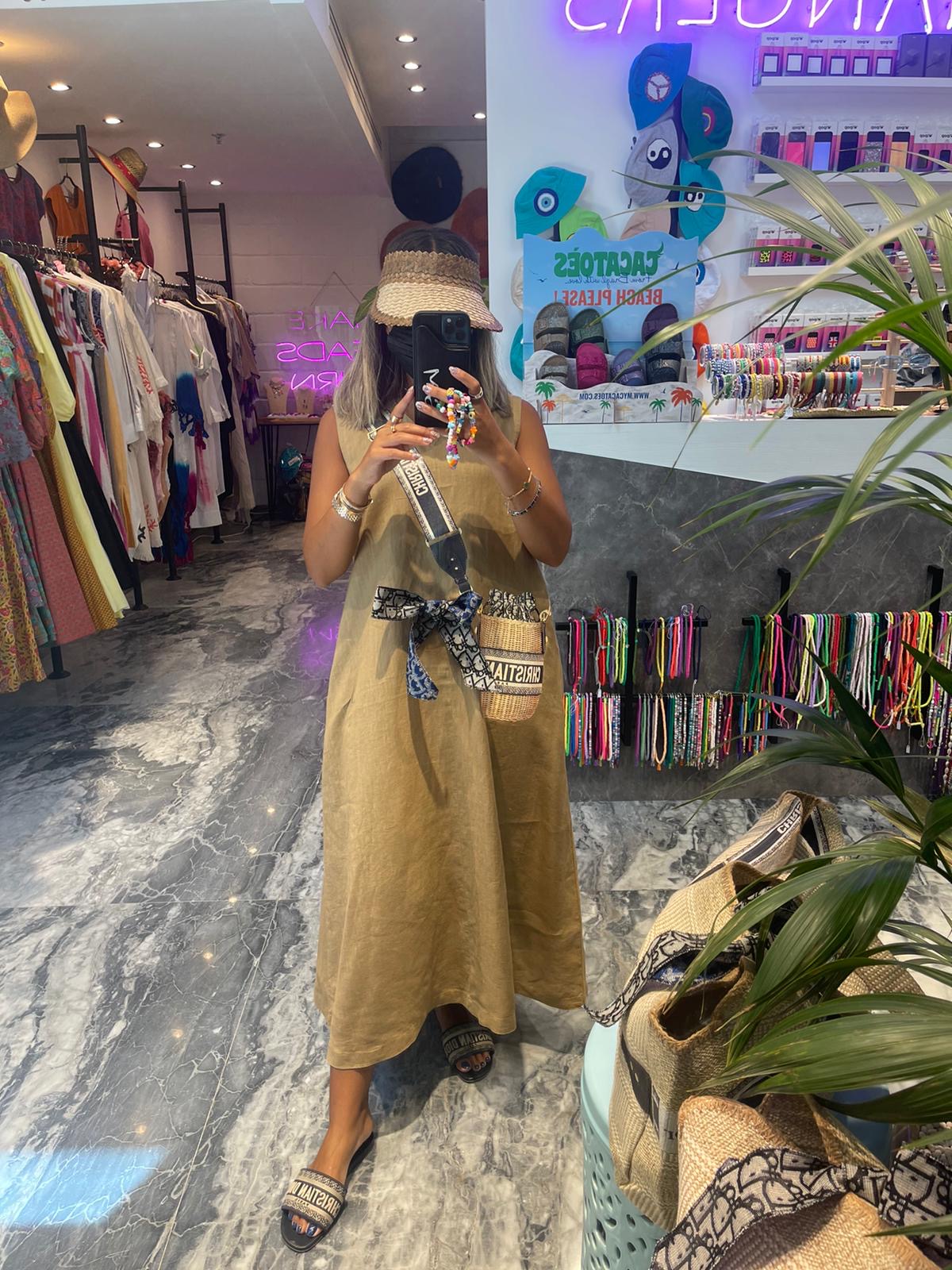 Stylish sleeveless linen brown dress with bow