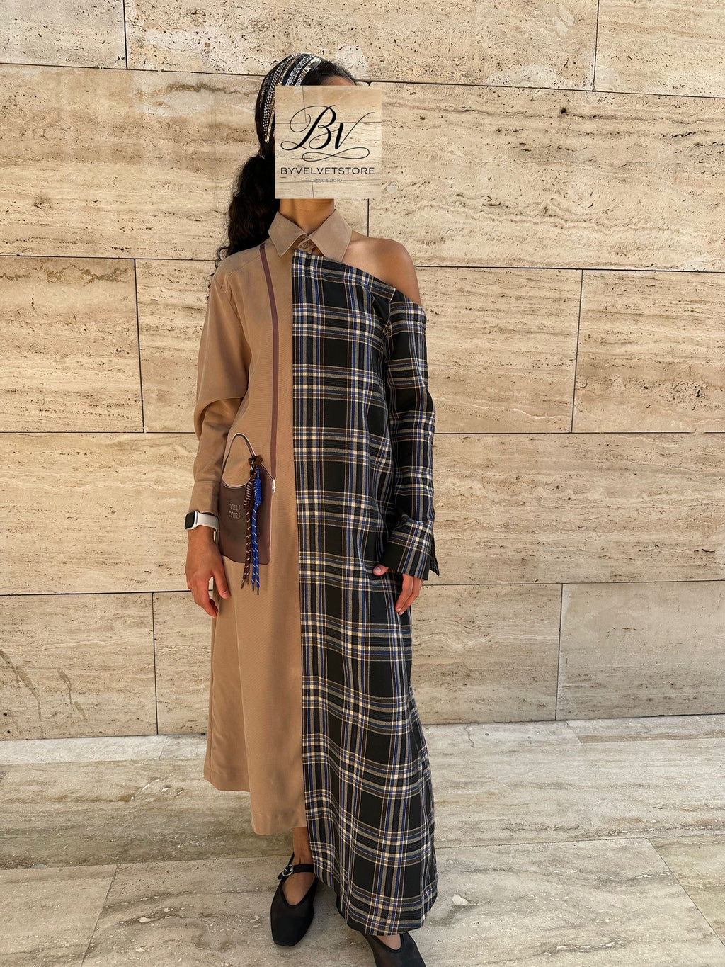 Brown or Red Off Shoulder kids Kaftan with brown Bag and hanging charm