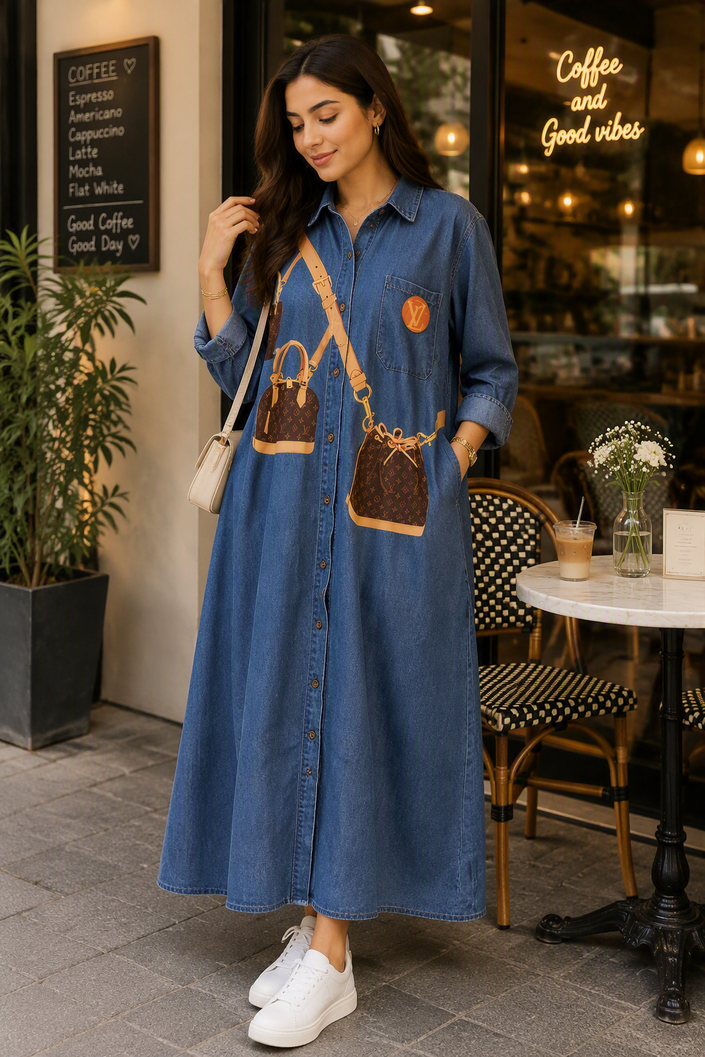 Denim long dress with 3 bags print