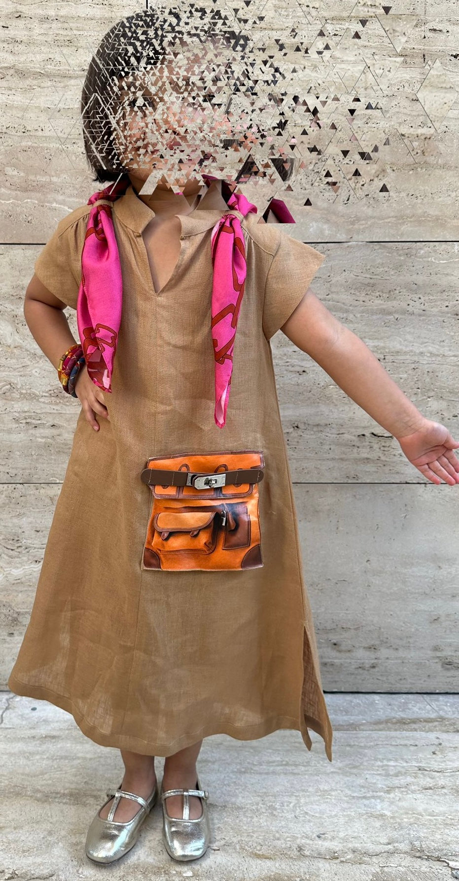 Linen camel Dress with scarf