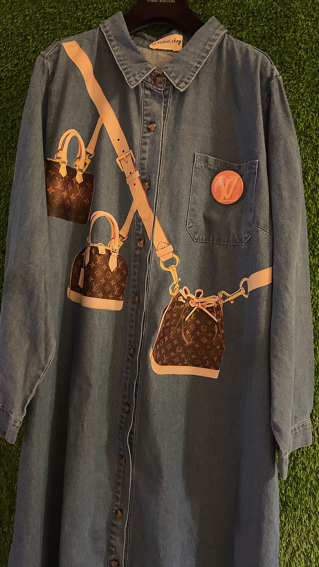 Denim long dress with 3 bags print