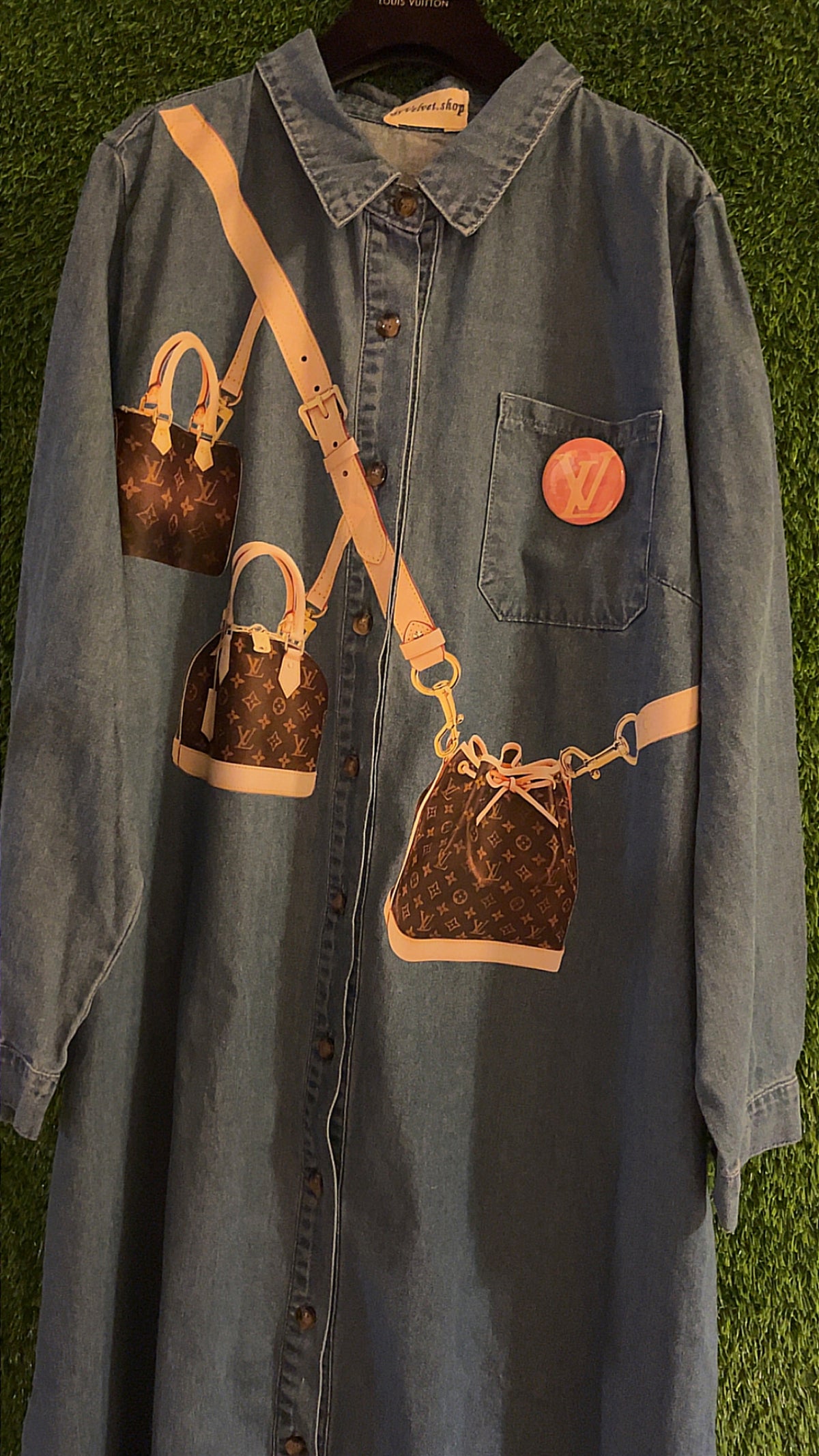 Denim long dress with 3 bags print
