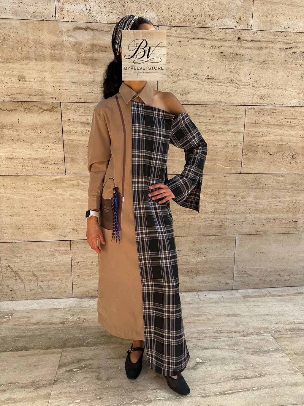 Brown or Red Off Shoulder kids Kaftan with brown Bag and hanging charm