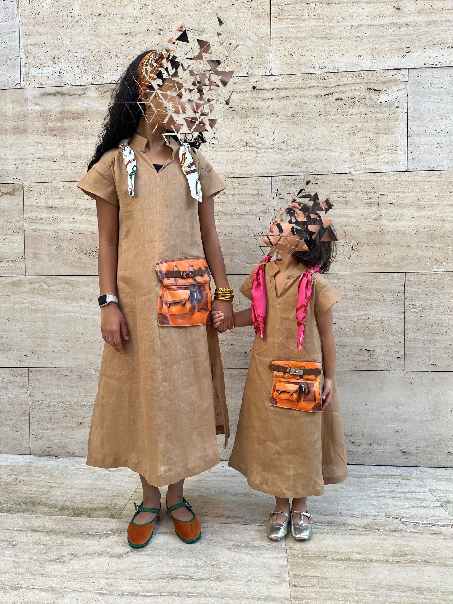 Linen camel Dress with scarf