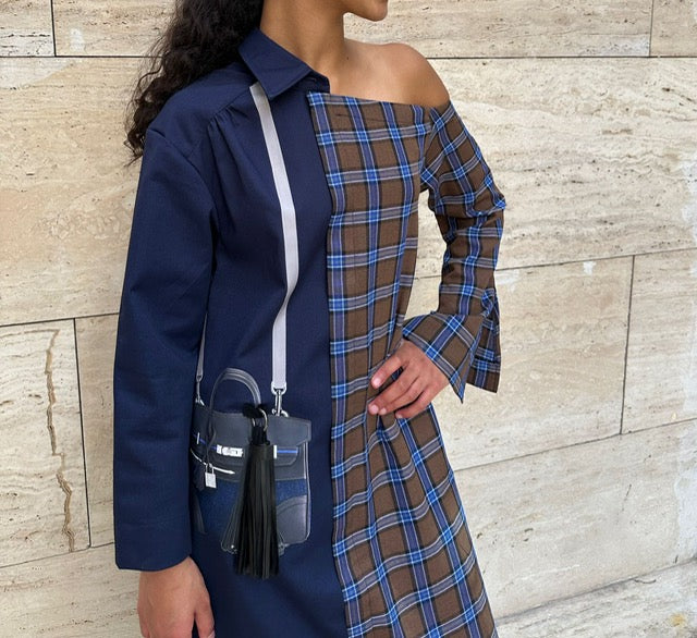 Navy Off Shoulder kids Kaftan with Navy Bag and hanging Tussle