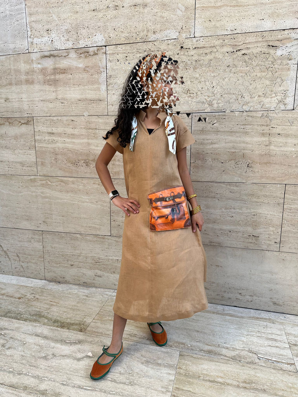 Linen camel Dress with scarf
