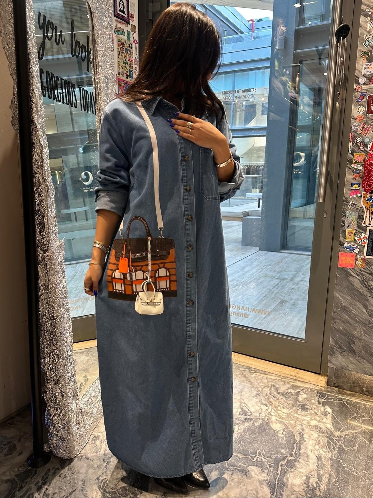 Denim long dress with Windows bag print and charm