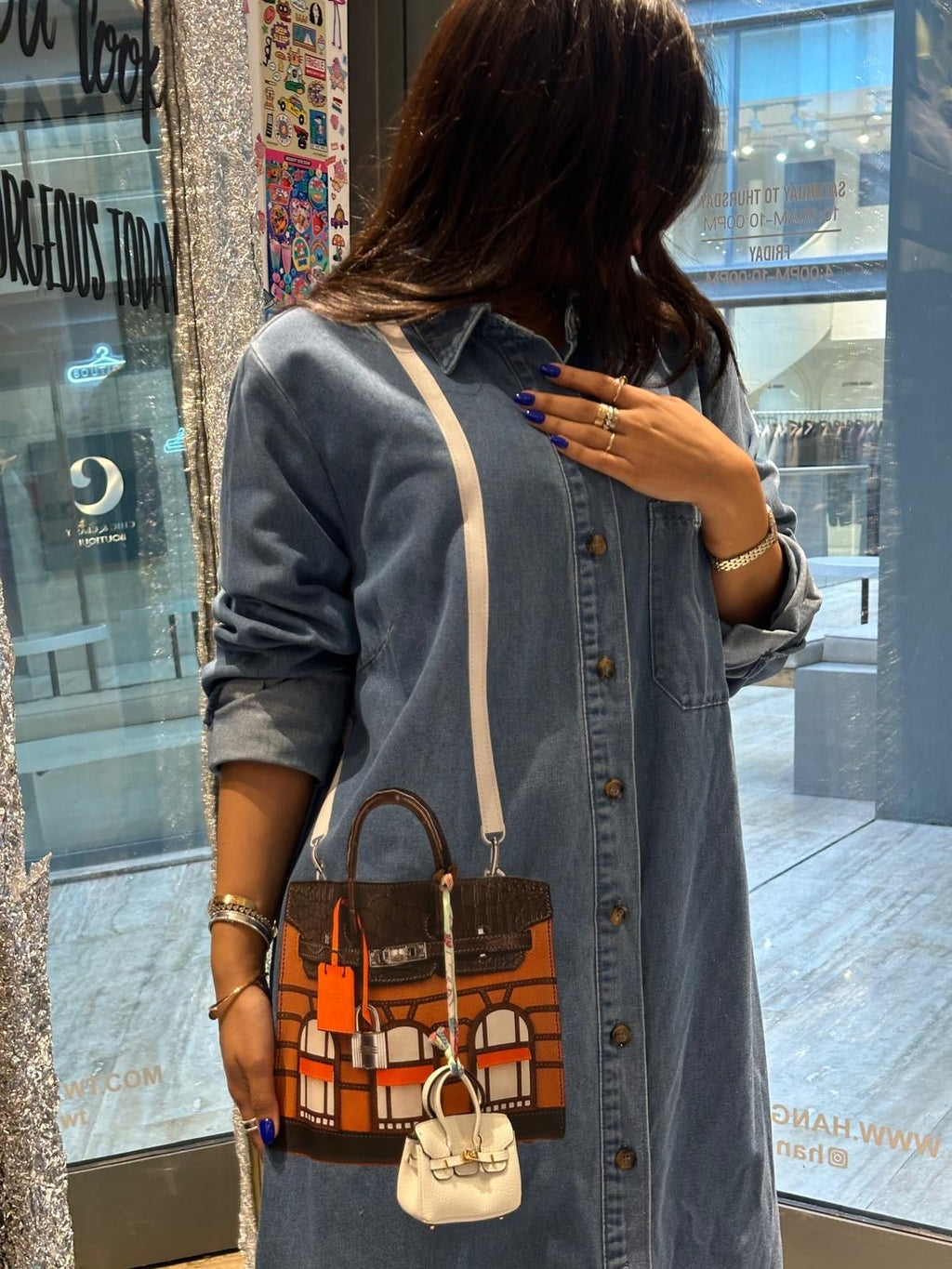 Denim long dress with Windows bag print and charm