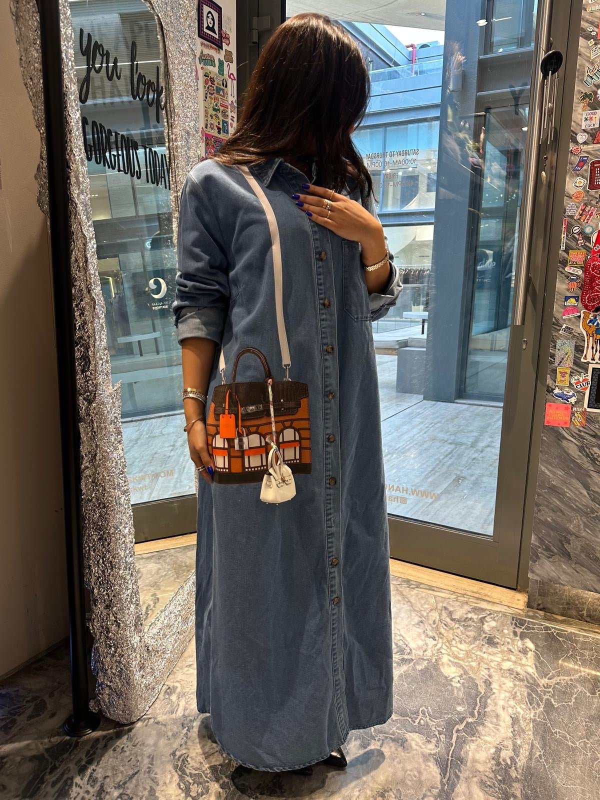 Denim long dress with Windows bag print and charm