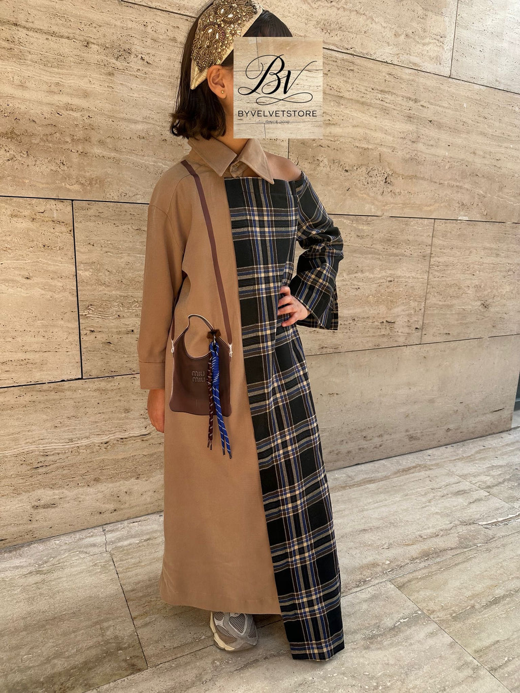 Brown or Red Off Shoulder kids Kaftan with brown Bag and hanging charm