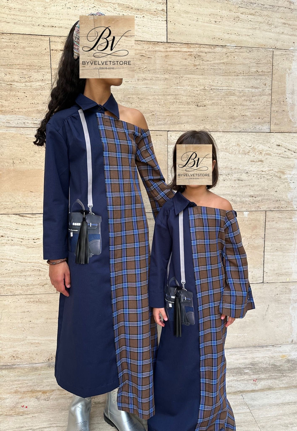 Navy Off Shoulder kids Kaftan with Navy Bag and hanging Tussle