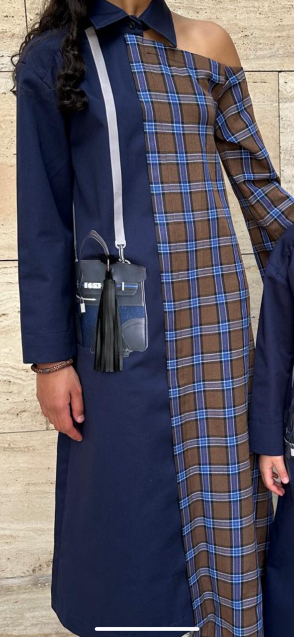 Navy Off Shoulder kids Kaftan with Navy Bag and hanging Tussle